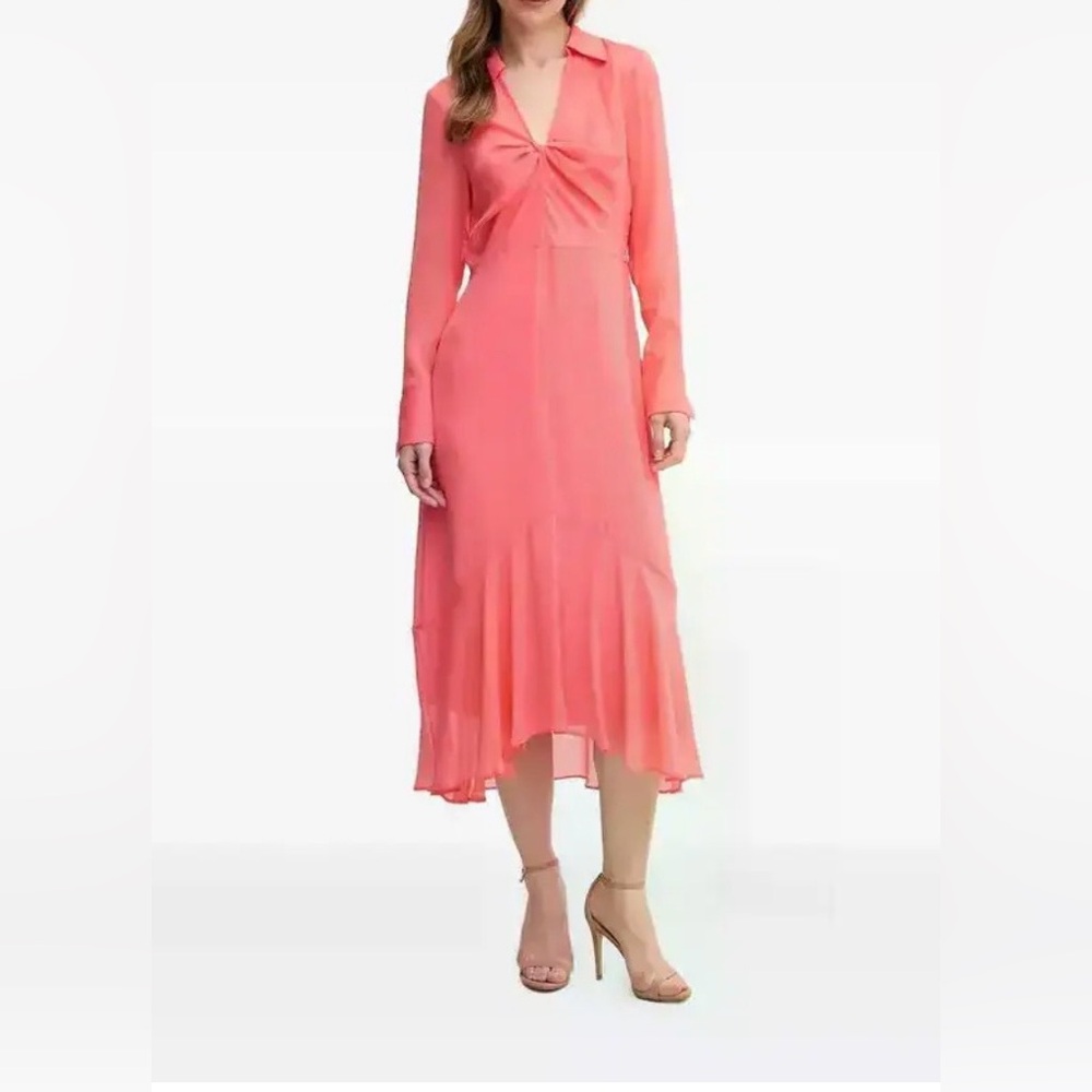 DKNY ( Donna Karan New York) Coral-Pink Long Sleeve Twist Front Midi Dress